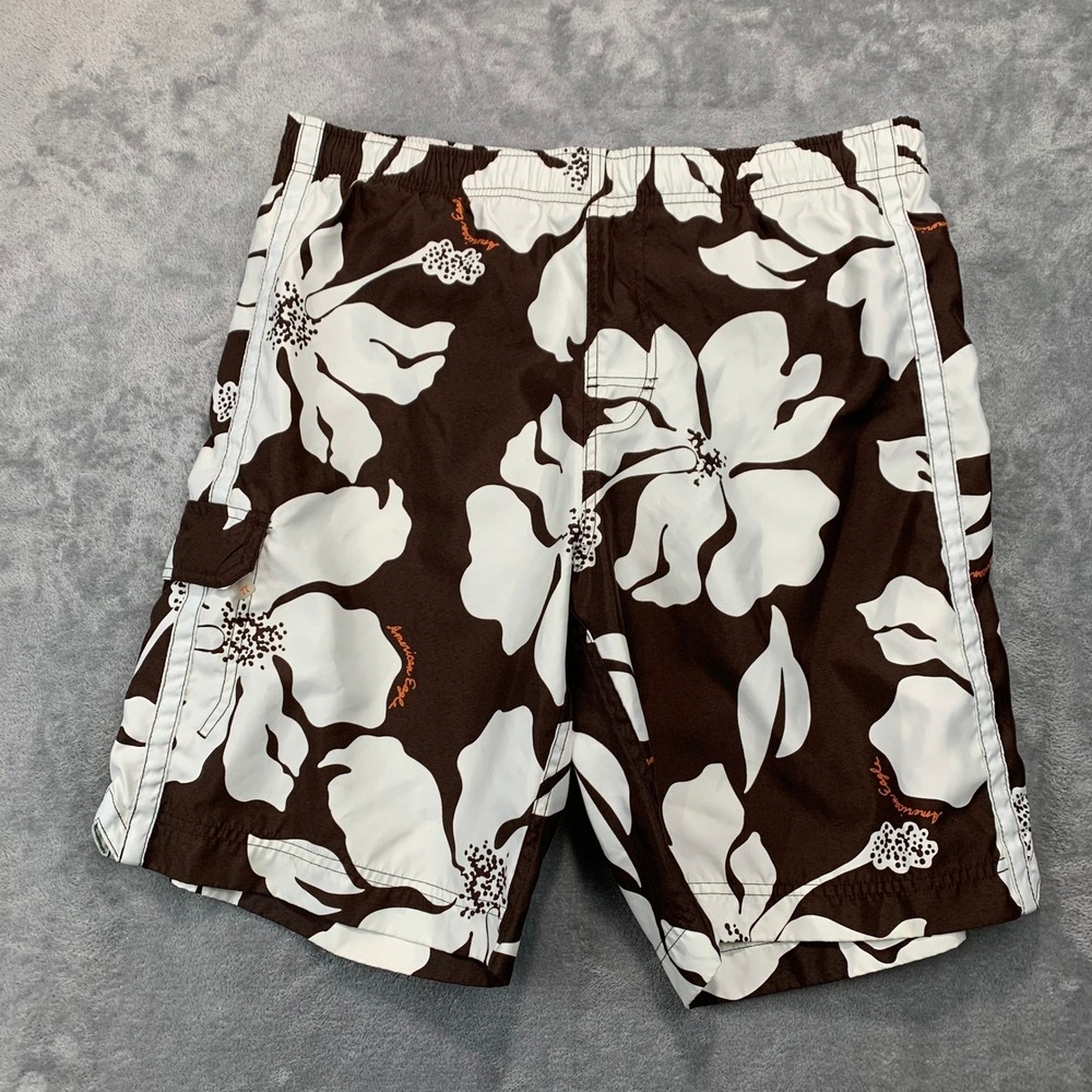 American Eagle Floral Swim Shorts Brown White Swim Shorts Medium Hibiscus